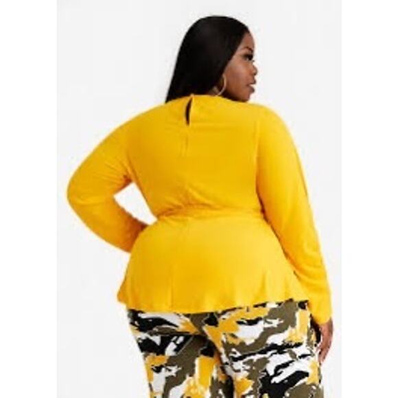 3/$20 Ashley Stewart Women's 30/32 Yellow Long Sleeved Ruched Peplum Top Blouse - Picture 4 of 10